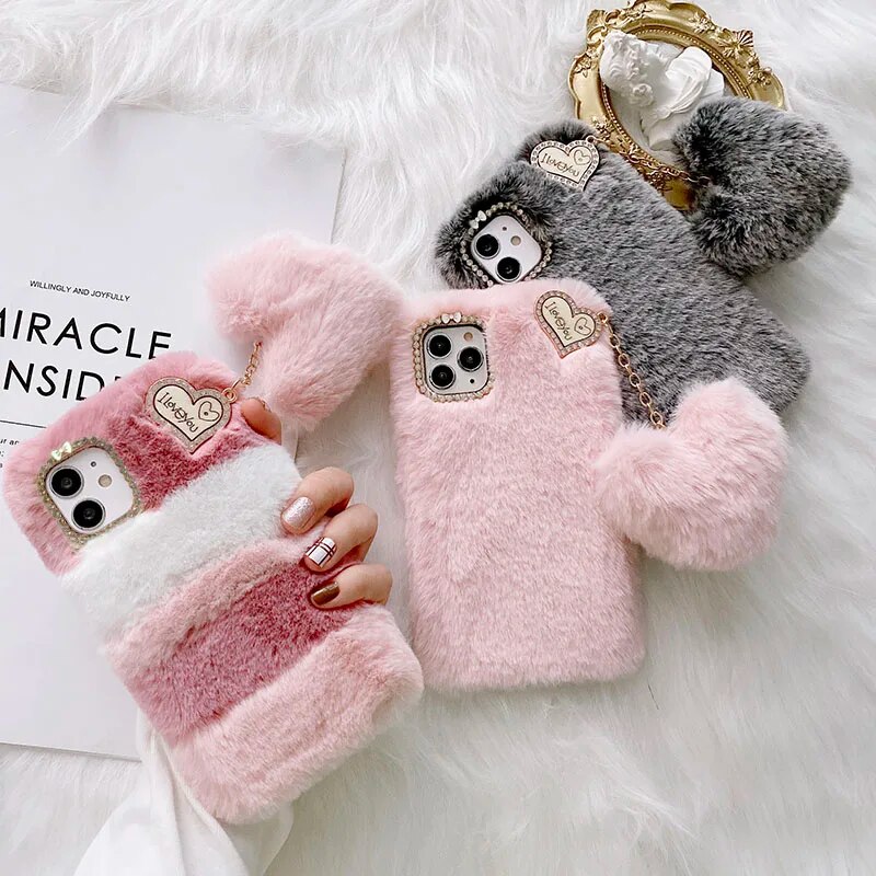 Luxury Plush Rabbit Fur Phone Case For Google Pixel 6 Pro 6A 7 7A 8 Shiny Diamond Lens Frame TPU Back Cover Fundas