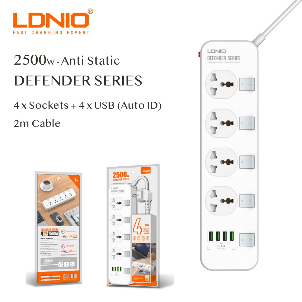 LDNIO SC4408 (ORG) Electrical Socket Smart Extension Multifunction Power Supply Strip Charger Adapter With 4 USB Port. 