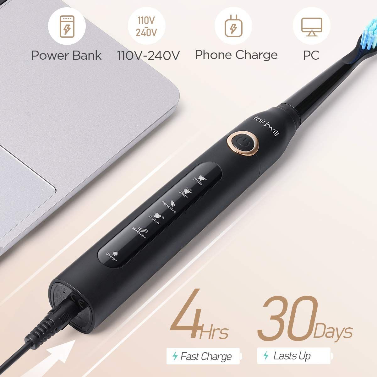 Fairywill FW507 Sonic Electric Toothbrushes for Adults Kids 5 Modes Smart Timer Rechargeable 8 Super Whitening Toothbrush Heads. 