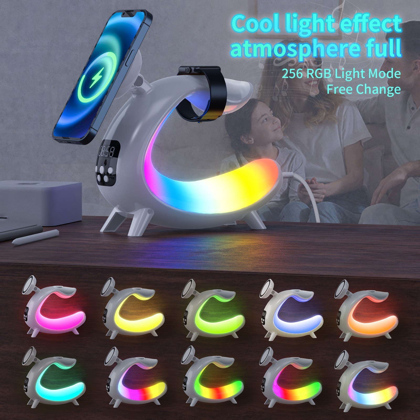 Bedside Table Lamp Colorful Night Light Wireless Charging for Cell Phone Watch Headphones Can be used as BT Audio/Clock/Ambient Light. 