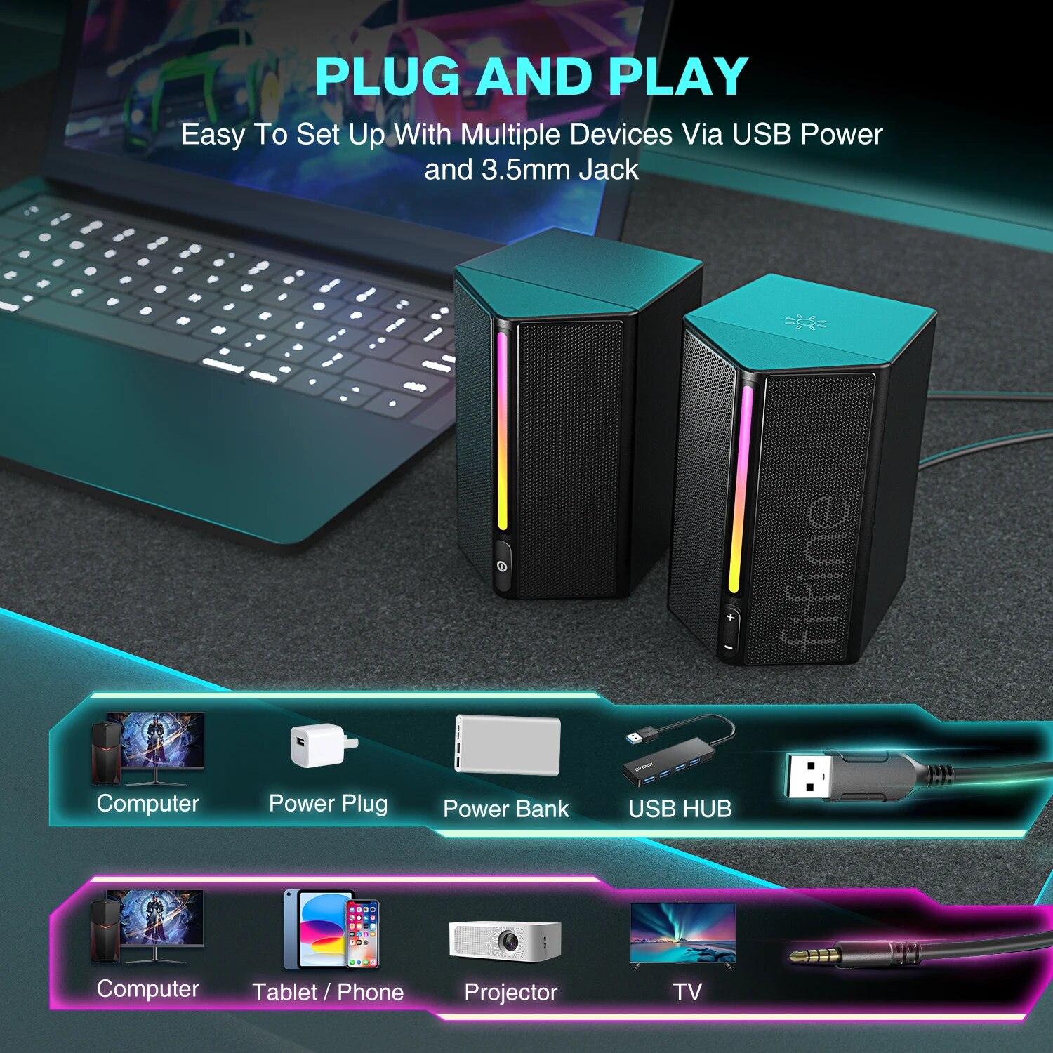 FIFINE Gaming Sound Box with Stereo Surround Sound, USB RGB Speaker with Vol Control for PC,Lattop,PS4/5,TV-Ampligame A20. 