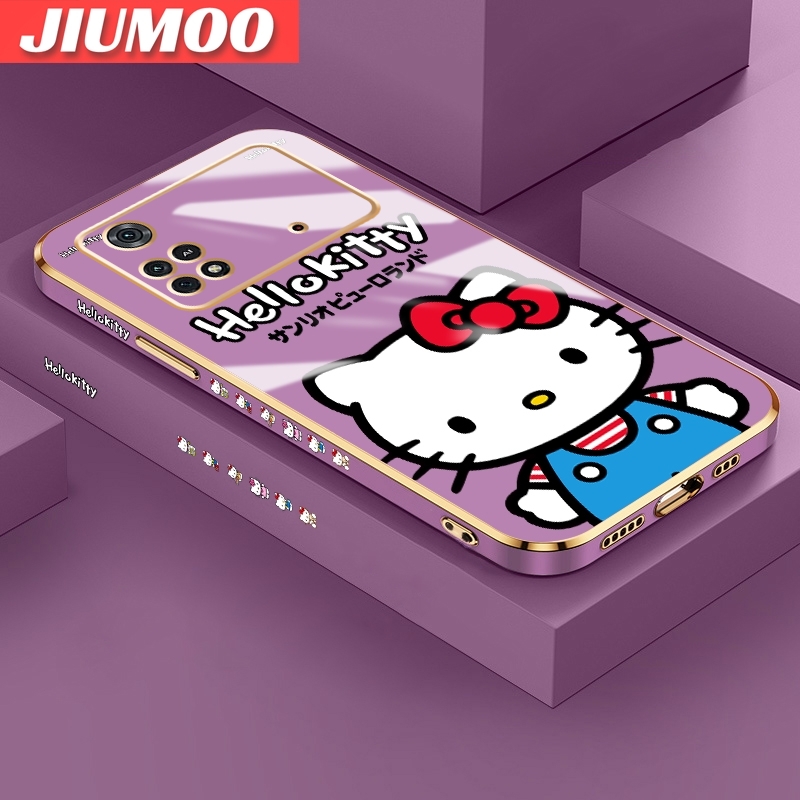 JIUMOO For Xiaomi MI POCO X4 Pro 5G Case Cartoon Kitty Fake Side Design Luxury Plating Phone Case Square Edge Pattern Liquid Silicone Casing Full Cover Camera Soft Protection Cases. 