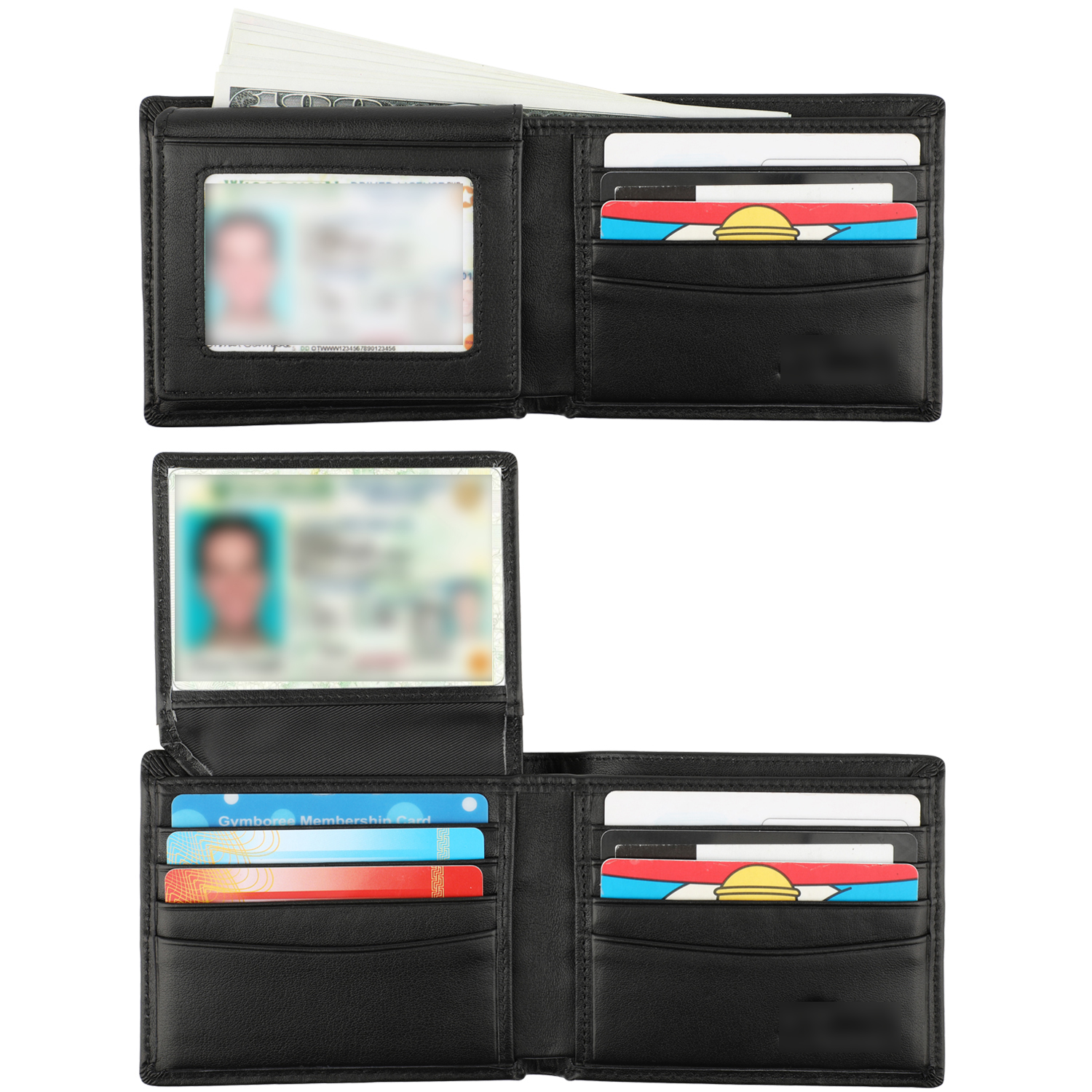 RFID Blocking Cowhide Leather Bifold Wallet For Men With 2 ID Windows Black. 