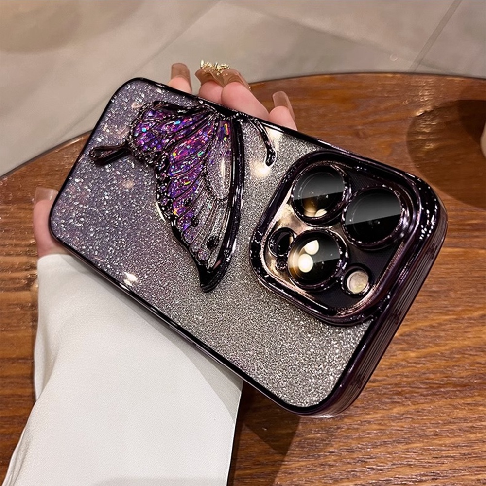 Gradient Glitter Butterfly Phone Case for IPhone 12 13 14 15 Pro Max Soft TPU Case with Camera Protector Shockproof Cover. 