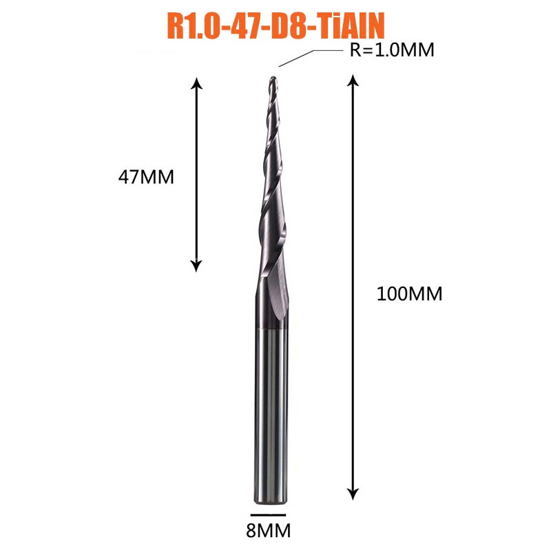 AlineYLingg 1 pcs Tungsten solid carbide Coated Taper Ball Nose bit CNC milling cutter router bits for wood and cutters for metal end mill. 