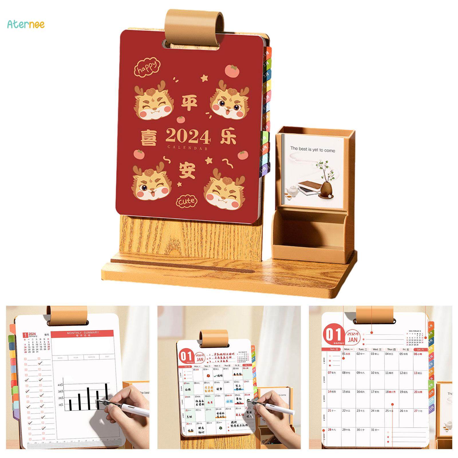 2024 Desk Calendar with Pen Holder Desktop Decoration with to Do List Page Storage Schedule