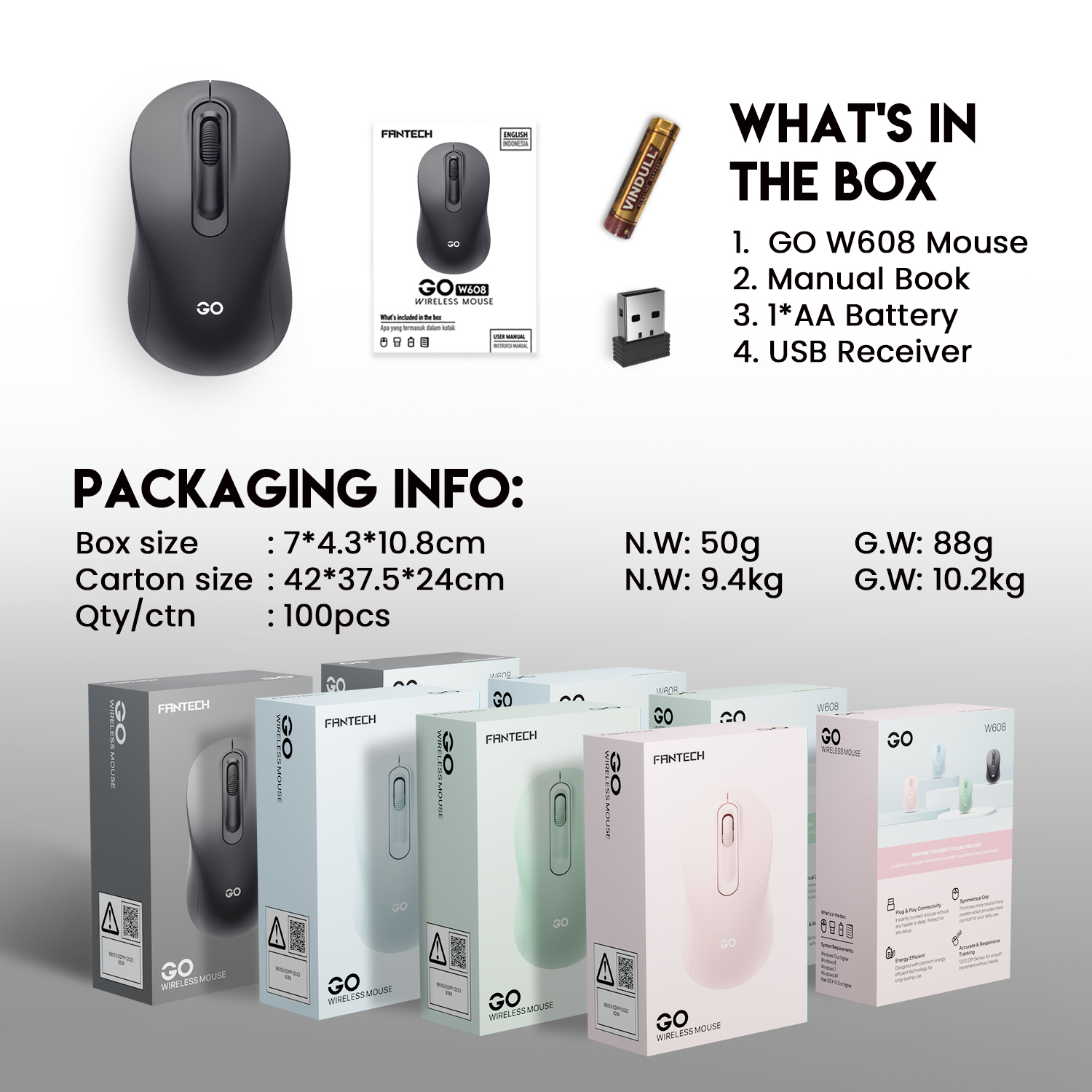 FANTECH GO W608 Wireless Mouse With 2.4GHz Wireless Connection Symmetrical Grip Adjustable DPI 1600 For Gaming Gammer Office Home AA Battery Included. 
