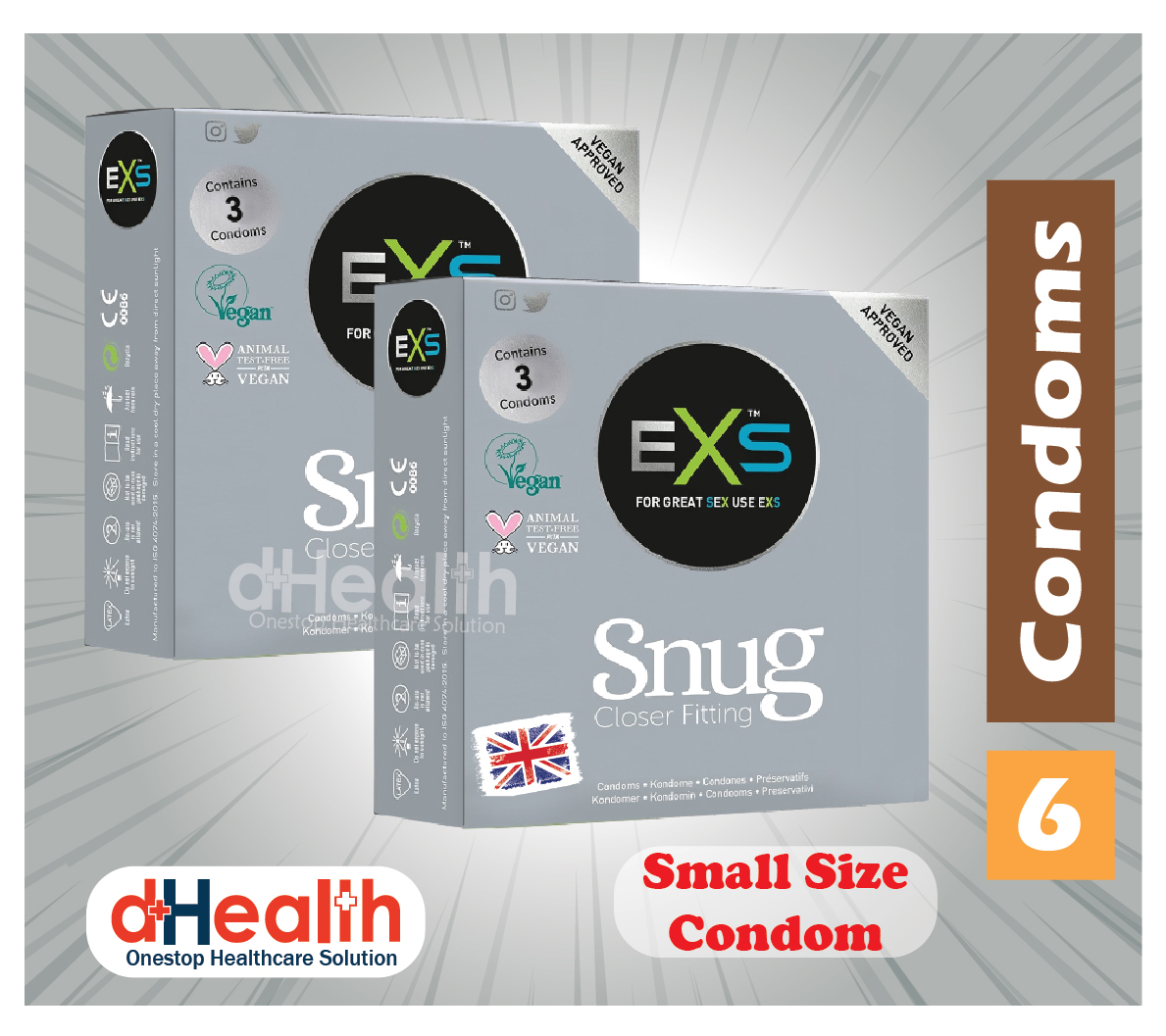 EXS Snug condom, small size condom, fit condom, closer fitting condom, tight fit  condom, 2's combo pack (3x2=6pcs)
