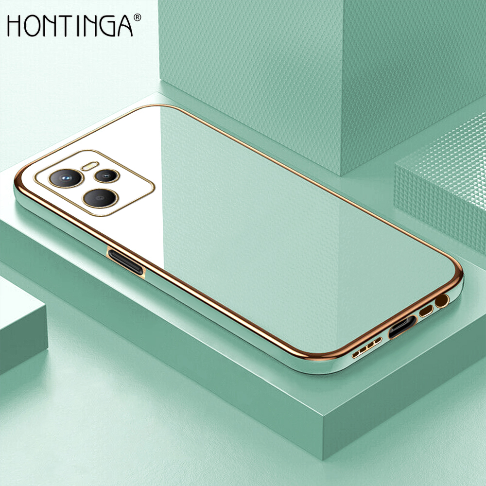Hontinga for Realme C35 Back Cover + Free Lanyard Luxury 6D Plating Frame Shiny Bling Case Soft Silicone Square Mobile Cover