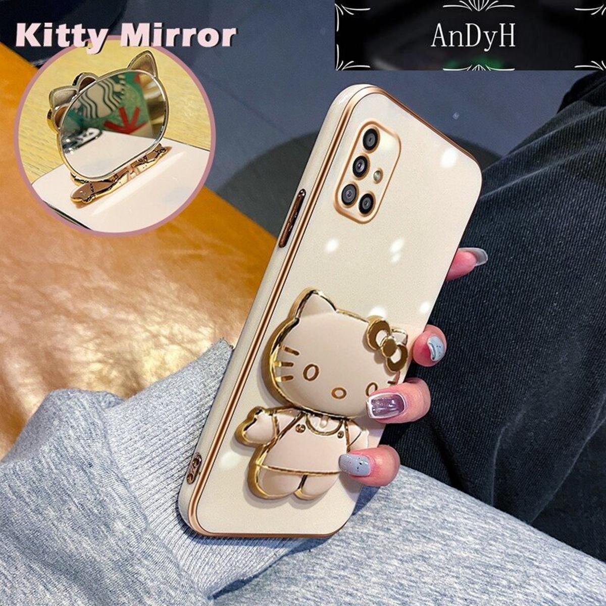 AnDyH Casing For Samsung galaxy A51 4G A51 5G A51 5G UW M40s Case Cartoon Fashion Hello Kitty Plating Reversible Mirror Folding Stand Phone Case Shockproof Phone Casing Full Lens Cover Camera protective Softcase