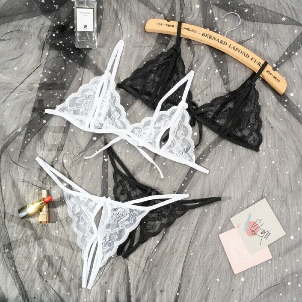 Barely Laced Bikini Set Stylish, Fashionable & Trendy Lingerie Bikinis For Women Ladies & Girls /  Costumes Lace Transparent Lingerie From Garden Closet (Black, White, Red, Pink, Purple & Rose - Free Size)