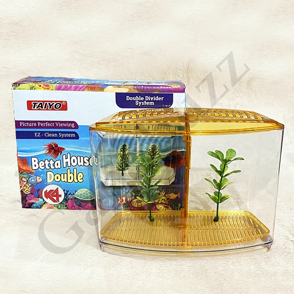 Taiyo Desktop Double Betta Fish Tank - Double Compartments, Hexagon Shaped, 1.3 Liter Capacity, & High-Quality Plastic Desktop Fighter/Betta Aquarium Fish Tank. 