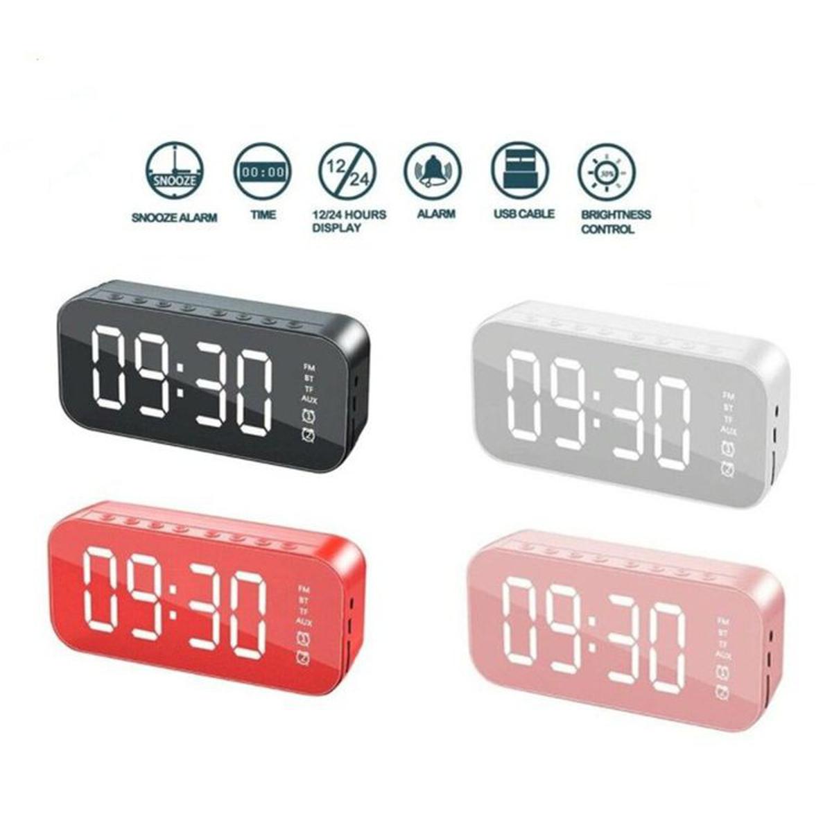 HXSJ Multifunction BT Speaker Mirror LED Alarm Clock Home Room Portable FM Radio Mini Speakers Digital Display Wake Up Table Desktop Clock