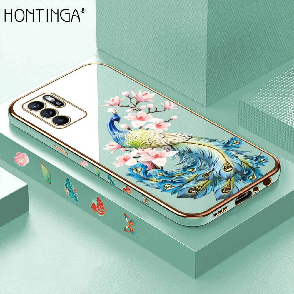 Hontinga for OPPO Reno6 Z 5G Back Cover + Free Lanyard Luxury 6D Plating Cartoon Peacock Side Pattern Case Soft Silicone Square Phone Cases