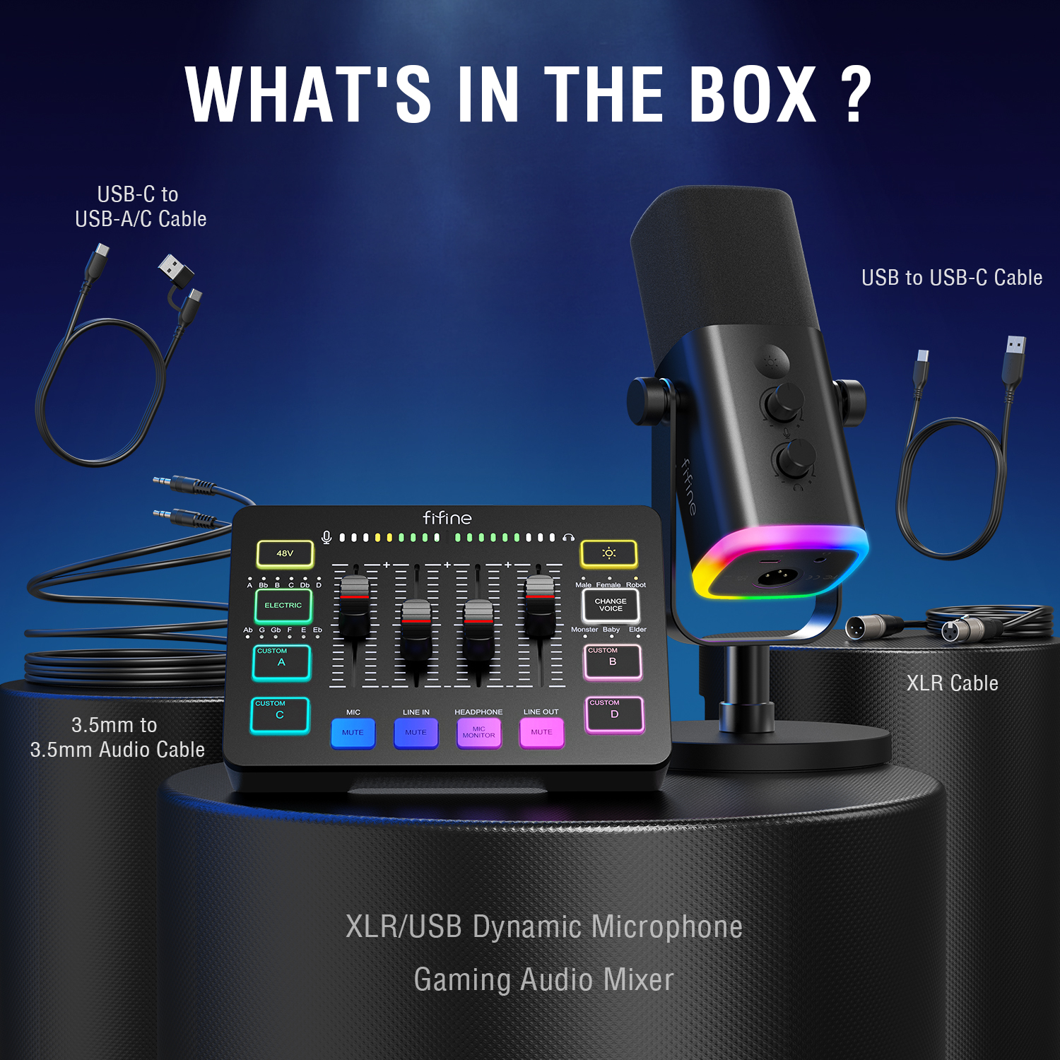FIFINE All-in-One Podcast Kit with RGB Audio Mixer,Streaming Studio Set with Dynamic Mic for PC Gaming Recording-Ampligame KS5. 