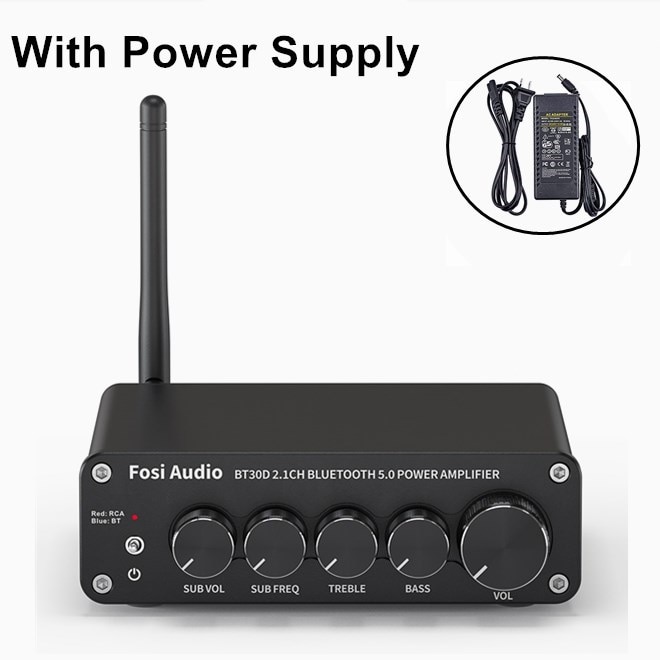 Newest Fosi Audio BT30D Bluetooth Sound Power Amplifier 2.1 Channel Bass & Treble Control Amp Audio Subwoofer 100W + 50W x2 - Black with power. 