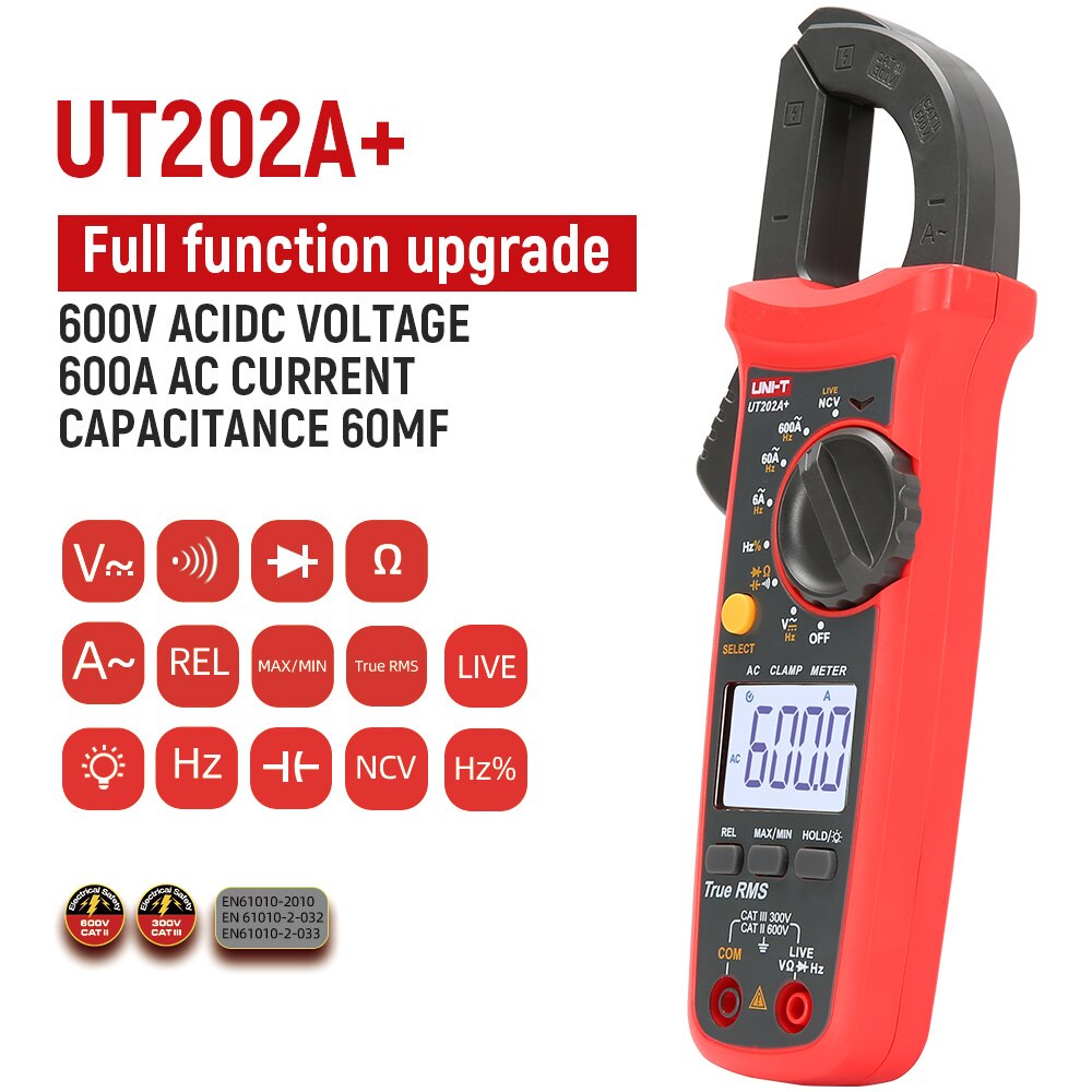 UNI-T UT202A+ True RMS Clamp Meter 600A Auto Range Multi Testers for Voltage Current Resistance Capacitance Testing UT202A+  Kings Trading