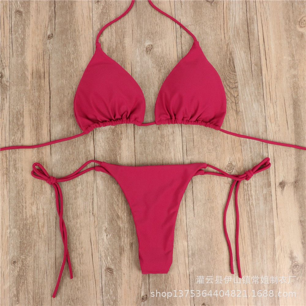 Solid Color Adjustable Backless Side Tie G-string Thong Split Bikini Set Brazlian Swimwear Swimsuit Bathing Suit. 