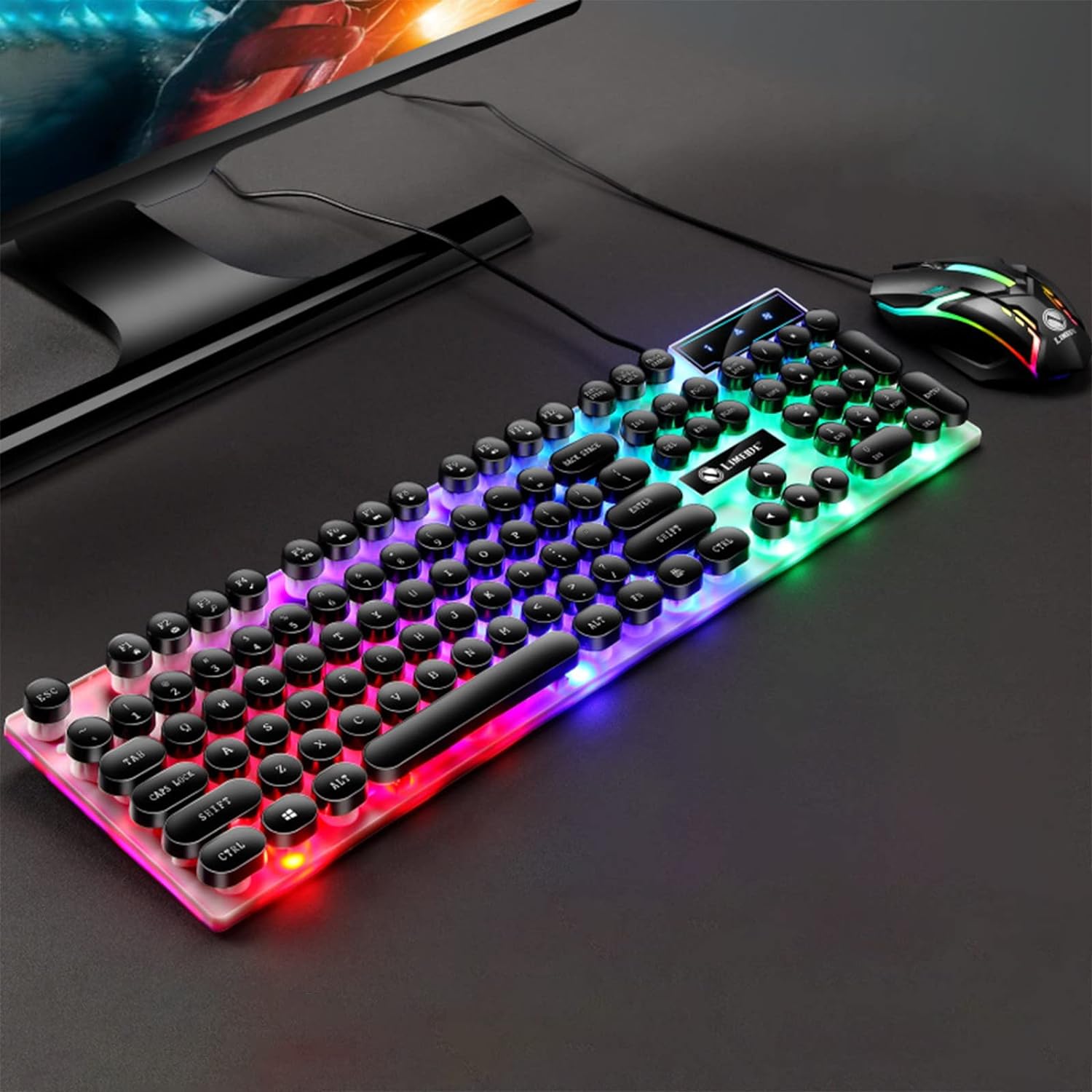 [GD]Gaming LED Keyboard and Mouse Combo 75% Compact 89 Keys with Numbric Tenkeys Pad,Rainbow Backlit,Ergonomic Mice 2 Side-Button USB Wired Mechanical Feel for PC Resberry Pi Computer. 