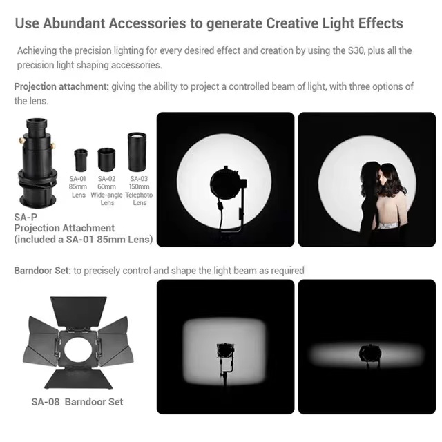 Godox S30 S60 Focusing LED Light Accessories Projection Lens SA-P GOBO Set SA-09 Color Gels Kit SA-11 Softbox SA-30 Photography. 