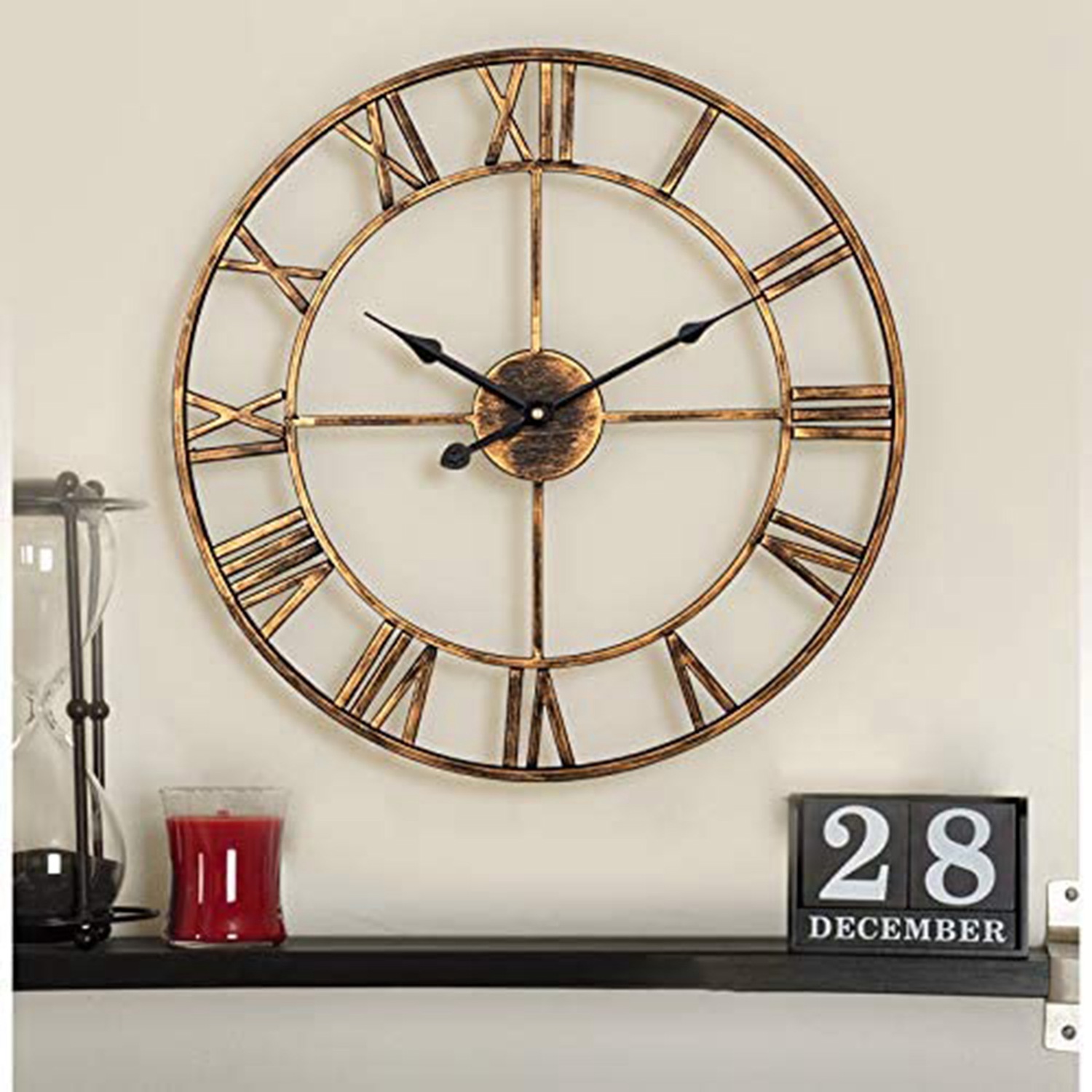 Wall Clock,Retro Analog Golden Metal Clock Ancient Roman Numeral Style Silent Quartz Movement Wall Clock for Home Decor. 