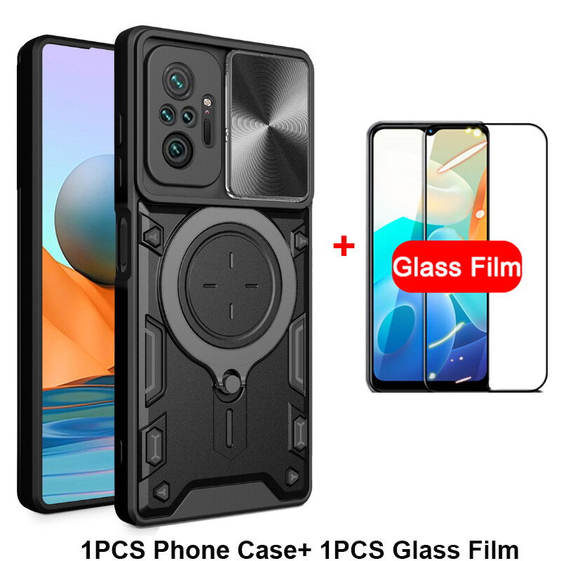 For Xiaomi Poco M5S Case Foldable 360 Degree Rotating Bracket Vehicle Mounted Sliding Hard Shockproof Rear Shell + Tempered Glass Screen Protector for Xiaomi Poco M5S Back Cover