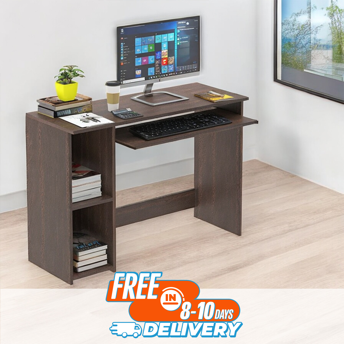 BLUEWUD Mallium Engineered Wood Study and Computer Laptop Table for Home or Office, WFH Desk with Keyboard Slider Storage Shelves for Adults Kids Students (Wenge)
