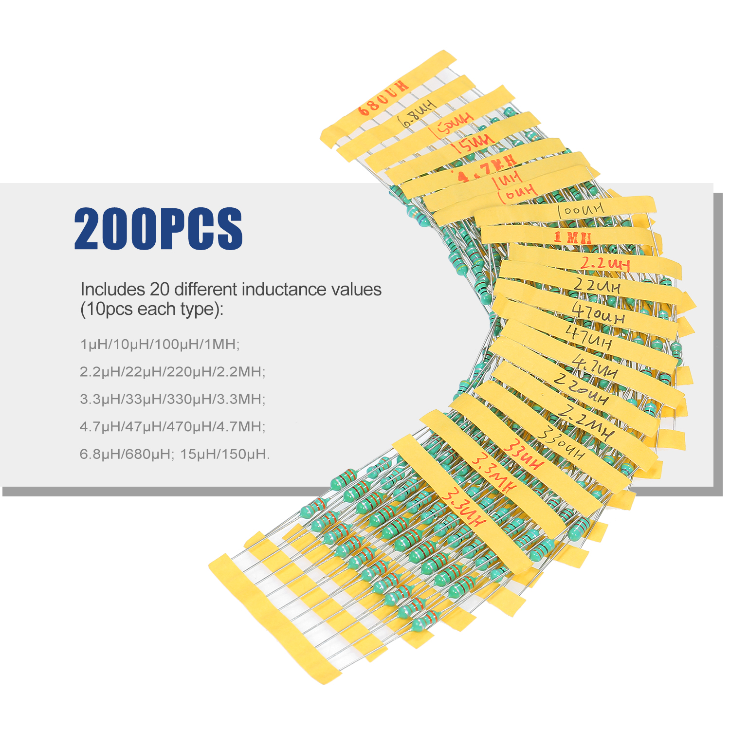 KOGEEK 200Pcs φ0510 DIP Chromatic Ring Inductor Assortment Kit Set Tolerance ±10% Power 1W 20 Inductance 1/10/100/2.2/22/220/3.3/33/330/4.7/47/470/6.8/680/15/150μH 1/2.2/3.3/4.7MH. 
