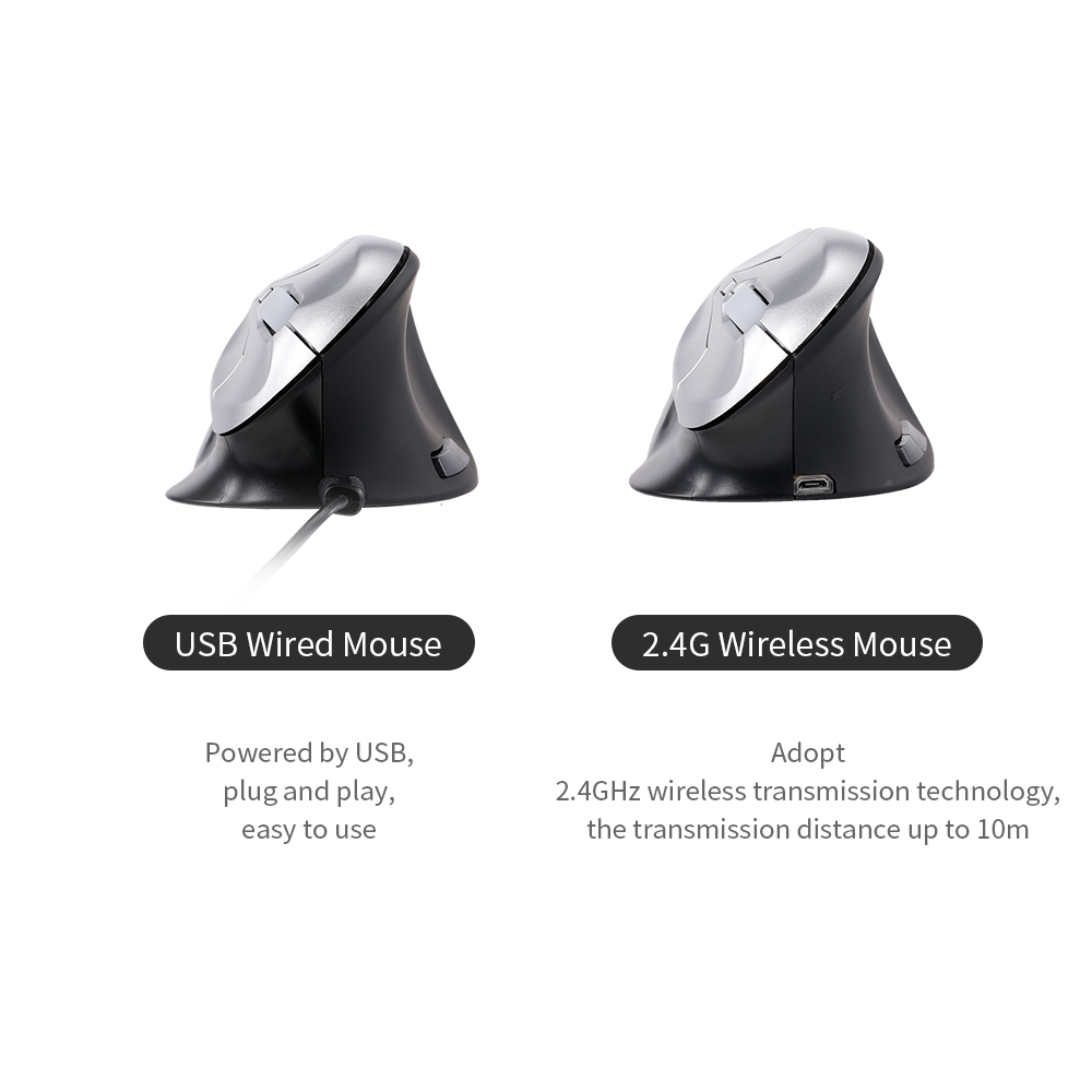 HXSJ 6D  Optical Mouse Vertical Mouse 2.4Ghz Gaming Mouse 6 Keys Ergonomic Design Mouse For Pc Lapt-op Black+S-ilver. 