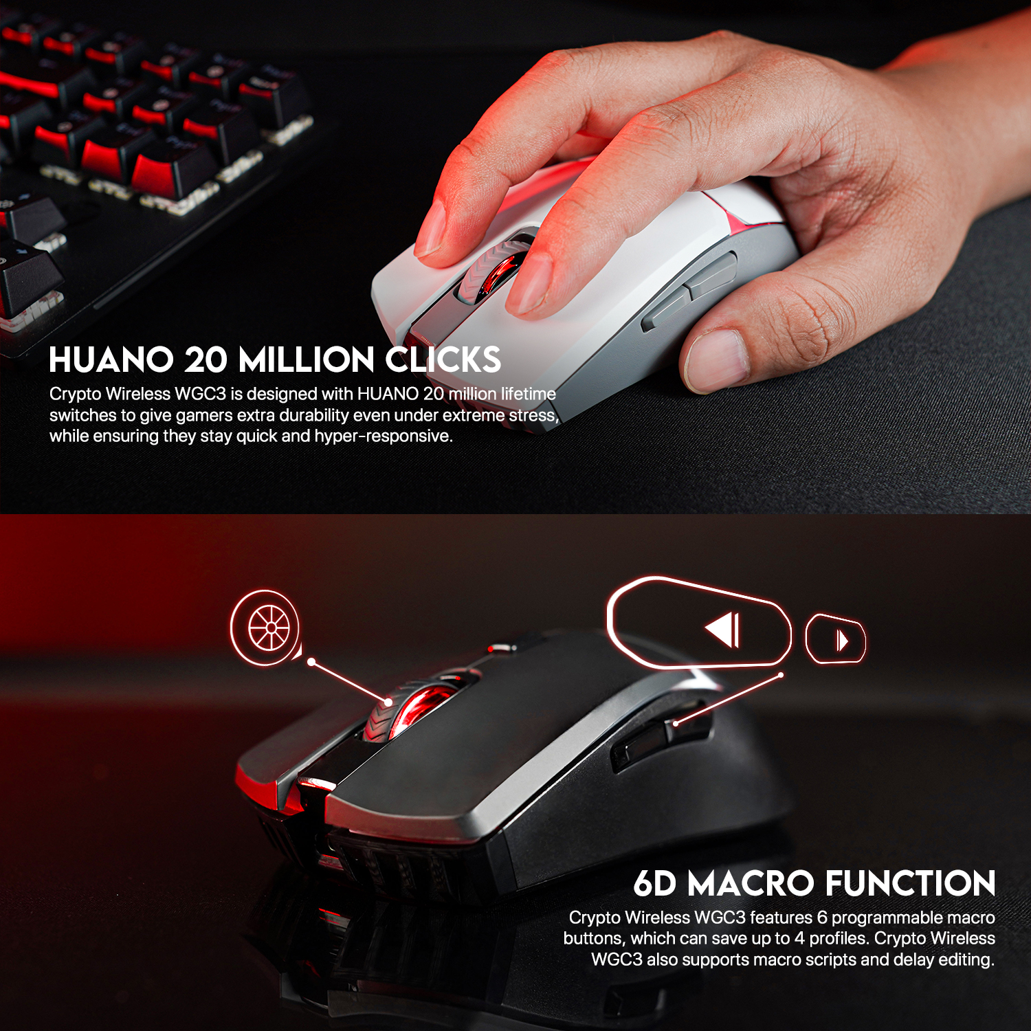 FANTECH WGC3 CRYPTO Wired And Wireless Gaming Mouse Pixart 3325 And 10000 DPI Mouse Poling 1000Hz Macro 6 Button Mice. 