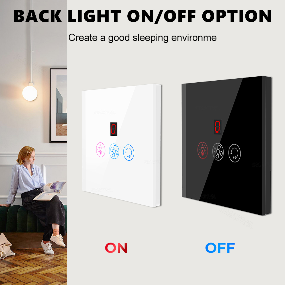 Wifi Smart Fan Light Switch with Speed Control Glass Panel Can Control Remotely Work for Tuya Alexa Google Home Smart Life. 
