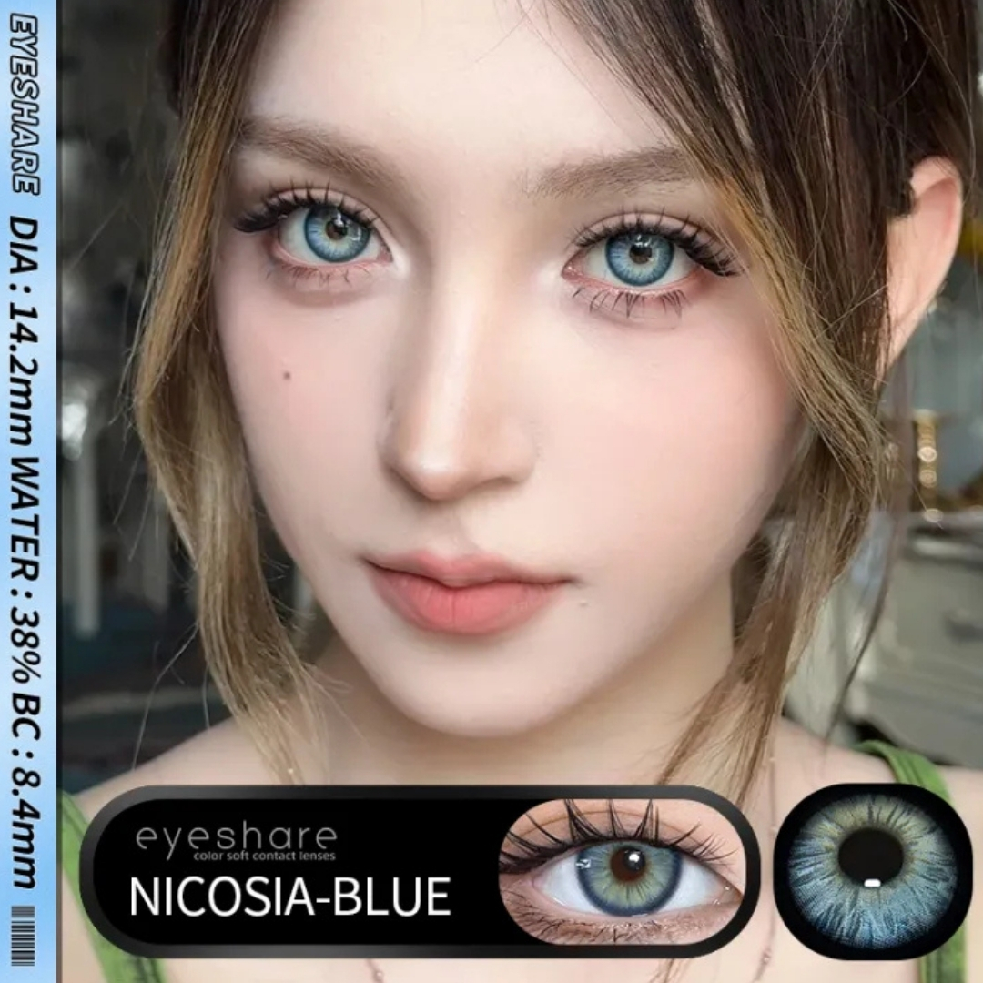 New Eyeshare Nicosia Blue Color contact lens with regular kit box for men & women. 1 pair Eyeshare Color contact lens for eye makeup and Cosmetics. Eyeshare NIcosia Series. #Nicosia