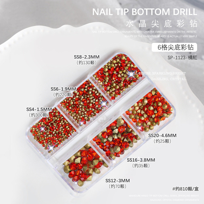 Nail jewelry, white diamonds on gold background, AB colored diamonds, culets, 6 compartments, boxed mixed size, size nails, pointed diamonds. 
