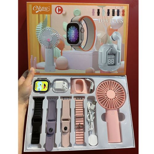 D96 Plus Smartwatch, Handy Fan and Earbuds Combo Set. Bluetooth Calling Smart Watch with 4 Straps, Best Quality Hand Fan and Earbuds Gift Set. 