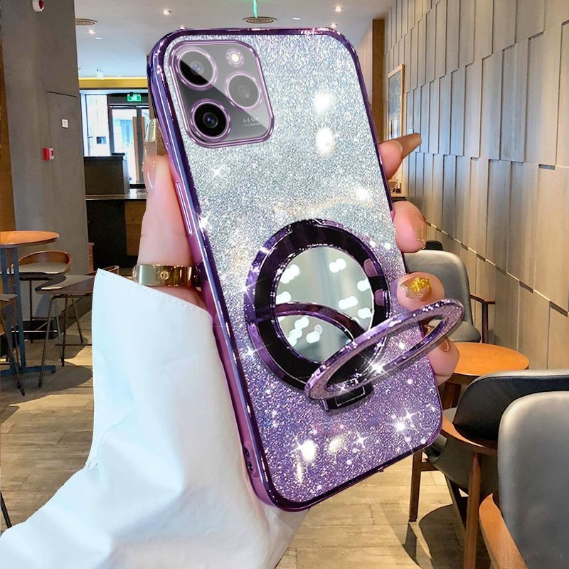 New Phone case Tecno Spark Go 2024 Spark Go 2023 Spark Go 2022 Spark Go 2020 Back cover with Makeup Mirror Holder Stand Luxury Shiny Gradient Plating Glitter Slim Phone cases Transparent Soft Silicone Protective Pouch Women Girls. 