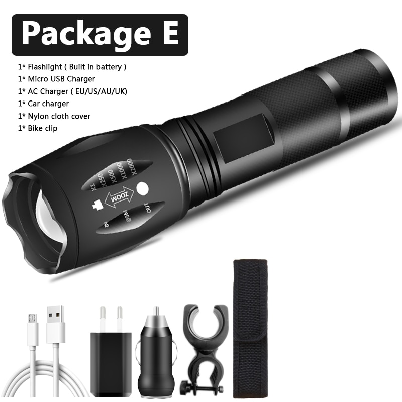 USB Rechargeable LED Tactical Adventure  Torch CREE XM-L2 T6 Zoom USB Built-in 18650  -L2 - option E - L2. 