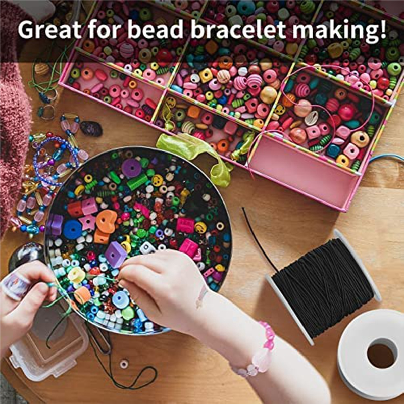 Elastic String Black Elastic Cord 1.2mm for Bracelets Making for Jewelry Making, Necklaces, Beading. 