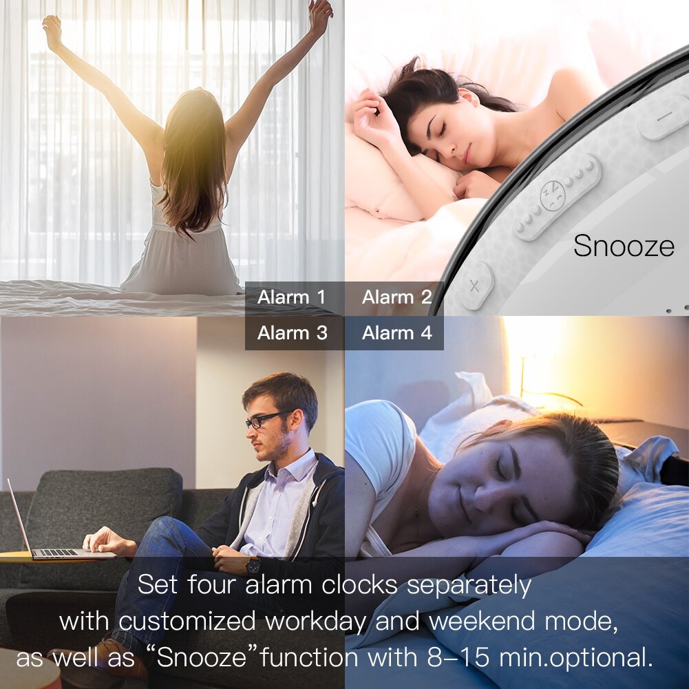 WiFi Smart Wake Up Light Workday Alarm Clock with 7 Colors Sunrise/Sunset Smart Life Tuya APP Works with Alexa Google Home. 