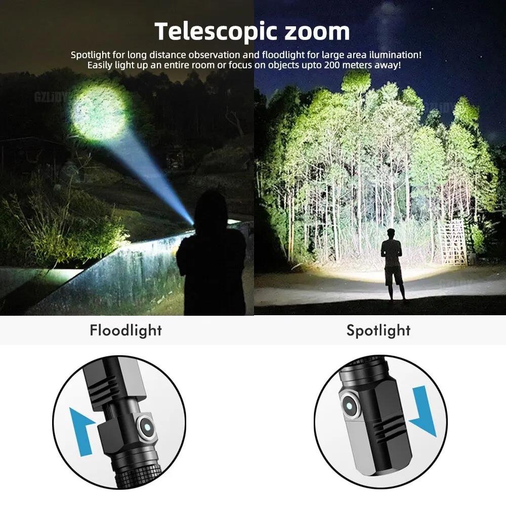 Mini Flashlight XHP50 LED USB C Rechargeable 16340 18650 Battery Flashlight 1500lm Powerful Torch Can Be Closed with One Click. 