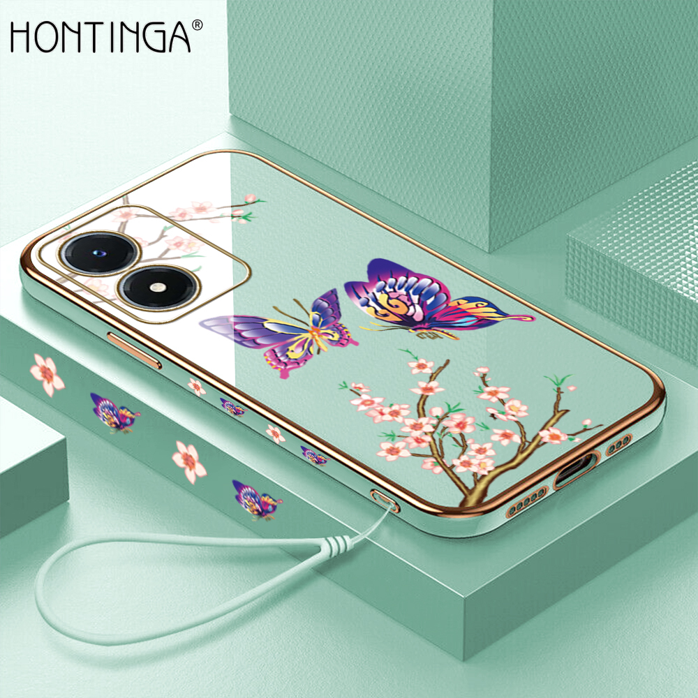 Hontinga for Vivo Y02S Back Cover With Lanyard Luxury 6D Plating Shiny Pretty butterfly Case Soft Silicone Square Mobile Cover
