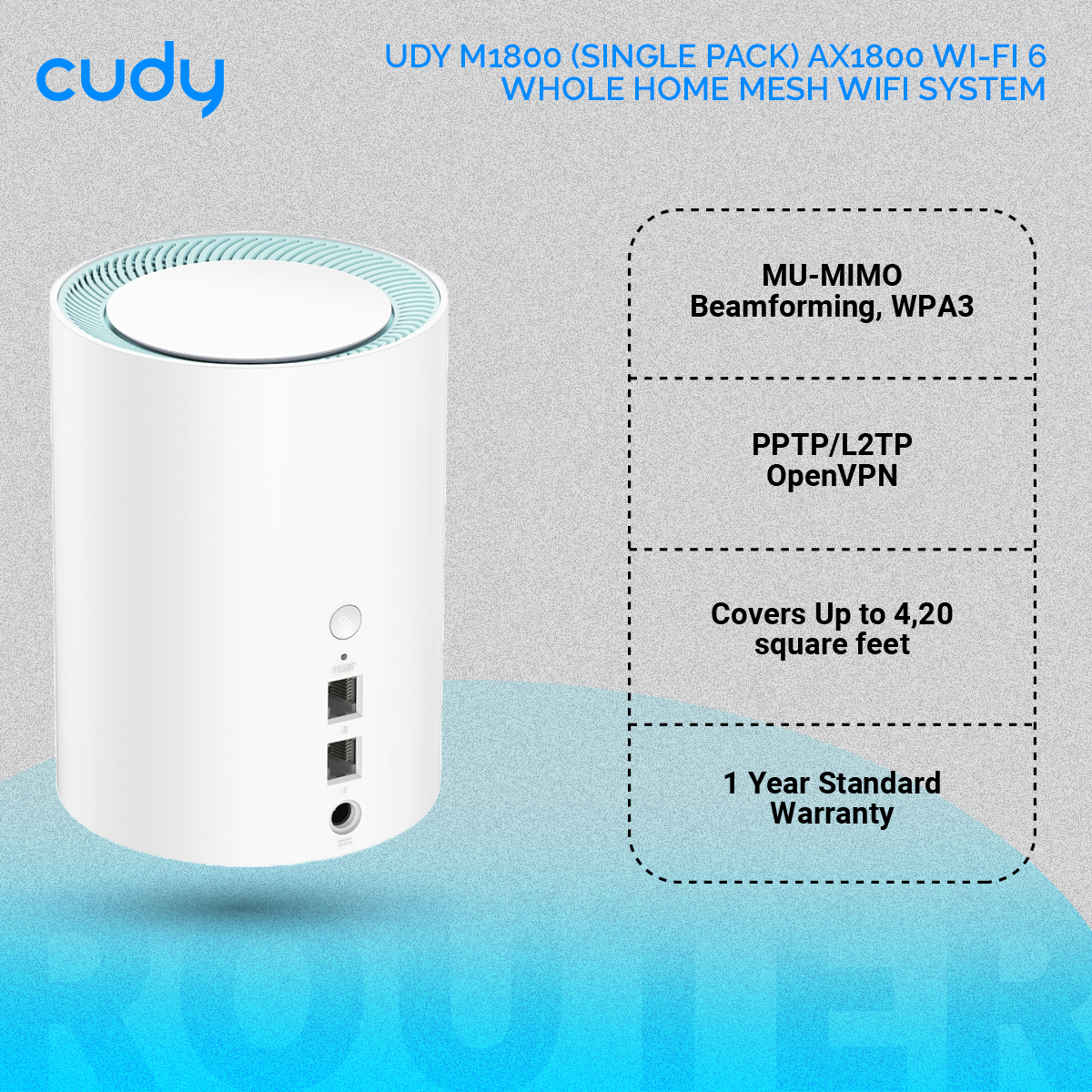 Cudy M1800 (Single pack) AX1800 Wi-Fi 6 Whole Home Mesh WiFi System - 1201Mbps on 5GHz and 574Mbps on 2.4GHz - MU-MIMO, Beamforming, WPA3 - Whole Home Coverage - White. 