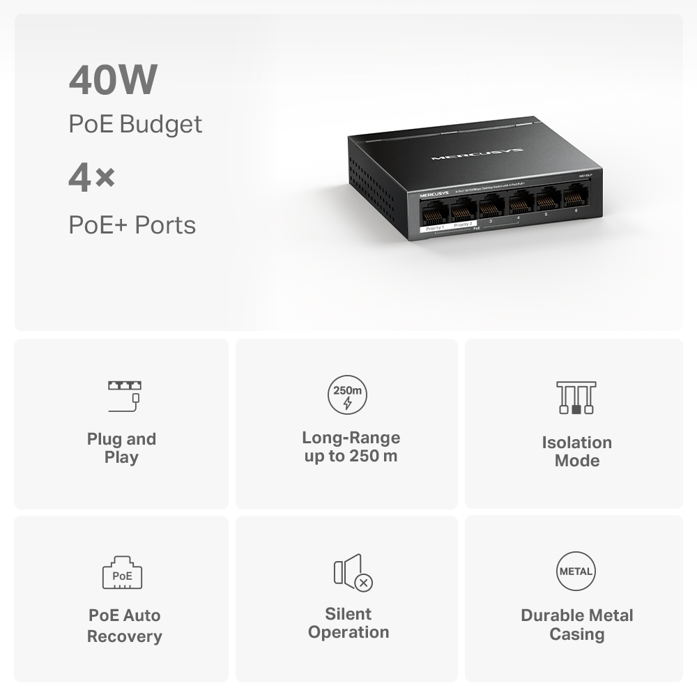 Mercusys MS106LP 6-Port 10/100Mbps Desktop Switch with 4-Port PoE+. 