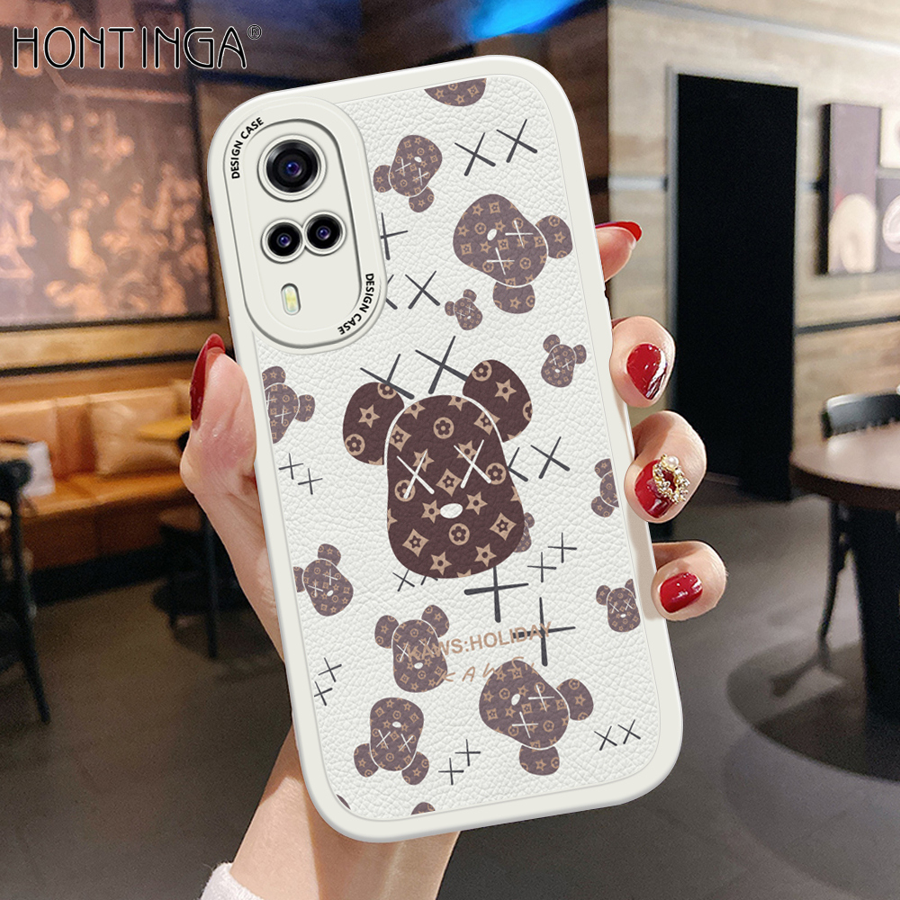 Hontinga for Vivo Y53S 4G Y51 2020 Y31 2021 Y51A 2021 Back Cover PU Leather Fashion Cool Bear Print Case Soft Silicone Edge Phone Cases
