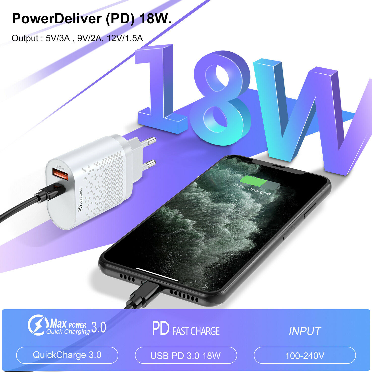 18W PD Fast Charger USB C Quick Charging QC 3.0 Phone Adapter US EU Plug Type-C for Android. 