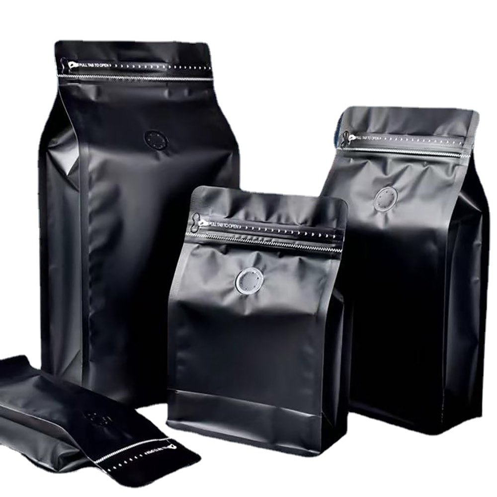 50PCS 100g 250g 500g 340g 1kg Matt Black Square Bottom Foil Laminated Coffee Bag Packaging With T-Zipper And One-way Valve. 