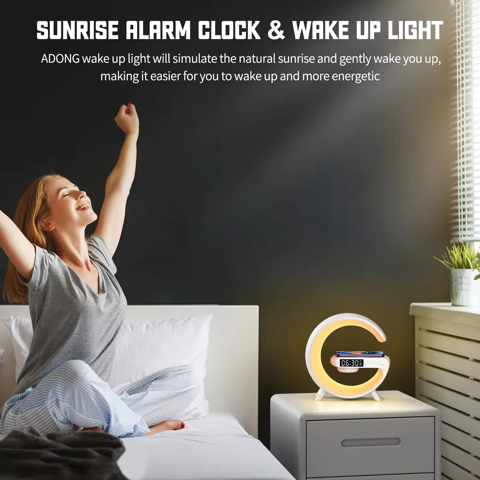 G Shape Clock RGB Light Bedside Lamp with Bluetooth Speaker & Wireless Charging – Multi-Function Home Decor. 