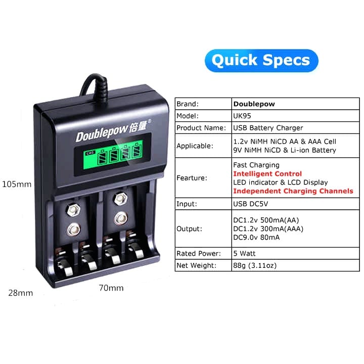 Doublepow UK-95 LED Display Smart Fast Charger with Full Charge Indicator & USB Portable Plug Connector for 1.2V  AA/AAA Size & 9V Rechargeable Ni-MH/Ni-Cd Battery - 1 Piece. 