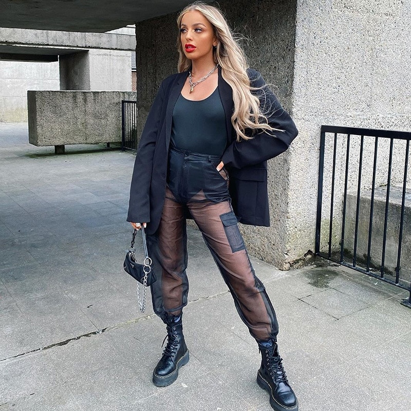 Women Transparent Pants Mesh Fashion Summer Breathable Decorative Loose Trousers Avant-Garde Clothing Sheer Pants. 