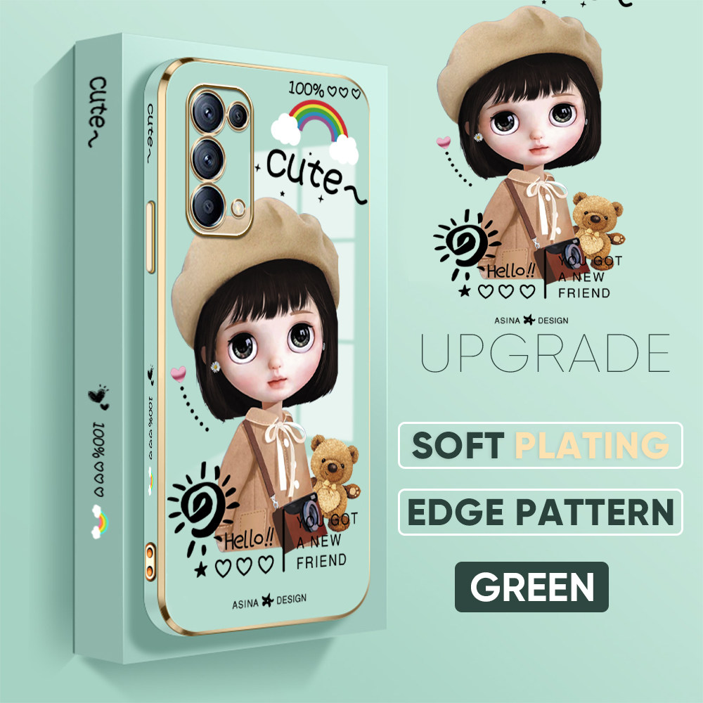 Jizetin (Free Lanyard) for OPPO Reno5 5G Luxury 6D Plating Soft Casing Silicone Square Frame Phone Case Shiny Bling Back Cover Cute Sunshine Girl New design Side Drawing Case