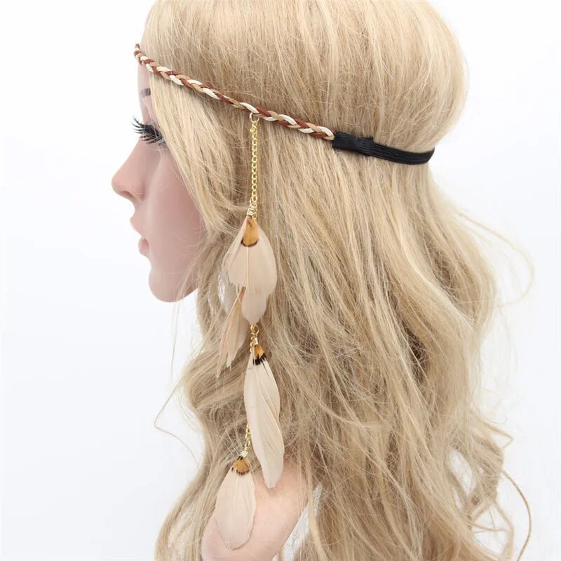 【beauty code store】Bohemian Style Indian Feather Headband Headdress Hair Rope Headwear Tribal Handmade Hair Women 10. 